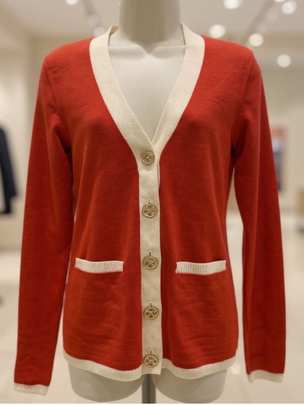 Tory Burch Merino Wool Cardigan Red Cream Trim Gold Logo Buttons Size S